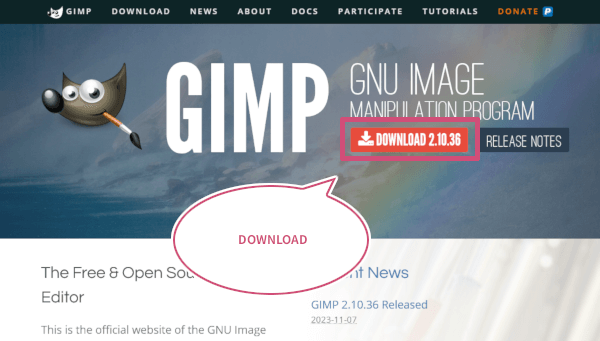 GIMPのダウンロードボタンをクリック