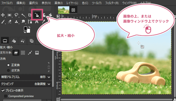 画像の上または画像ウィンドウで左クリックする