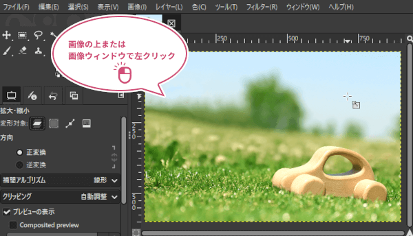 画像の上または画像ウィンドウで左クリックする