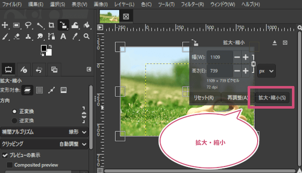 拡大縮小ボタンをクリックして確定