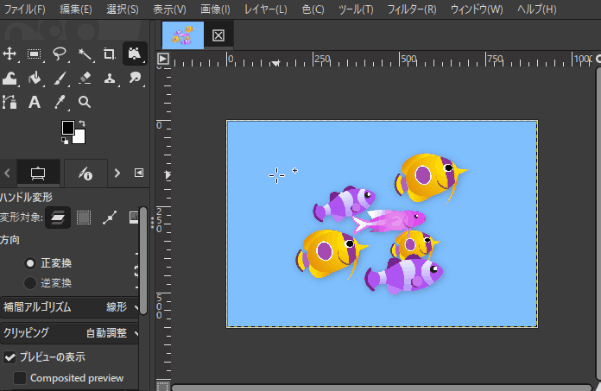3つのハンドルで画像レイヤーを剪断変形する様子